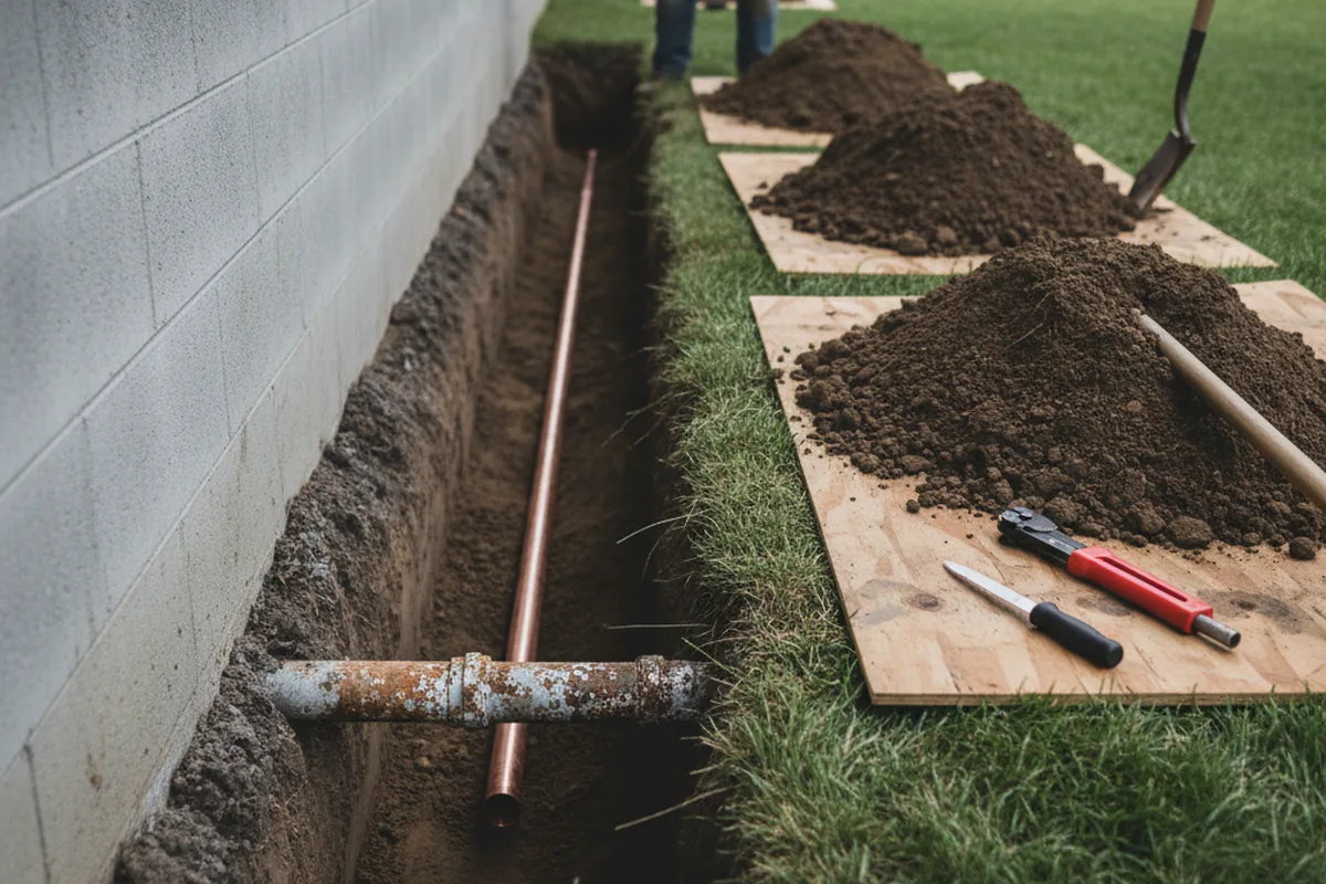 Excavated water line trench during Sewer Line Repair in Narragansett